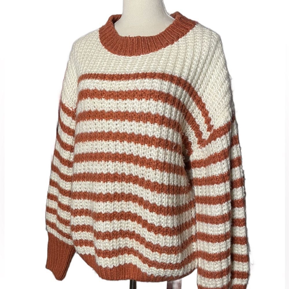 Kori Cream & Burnt Orange Oversized Striped Sweater w/Balloon Sleeves (Size: S)